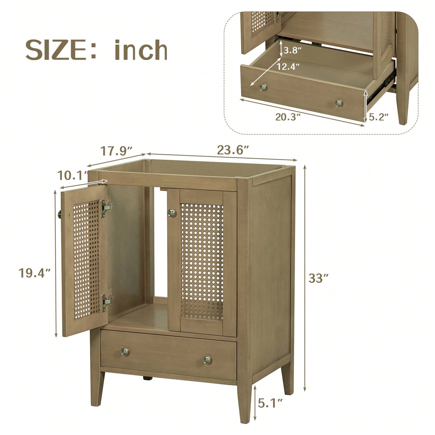 24 Inch Rattan Bathroom Vanity Base With Doors And Drawer Solid Frame And MDF Board Natural Finish