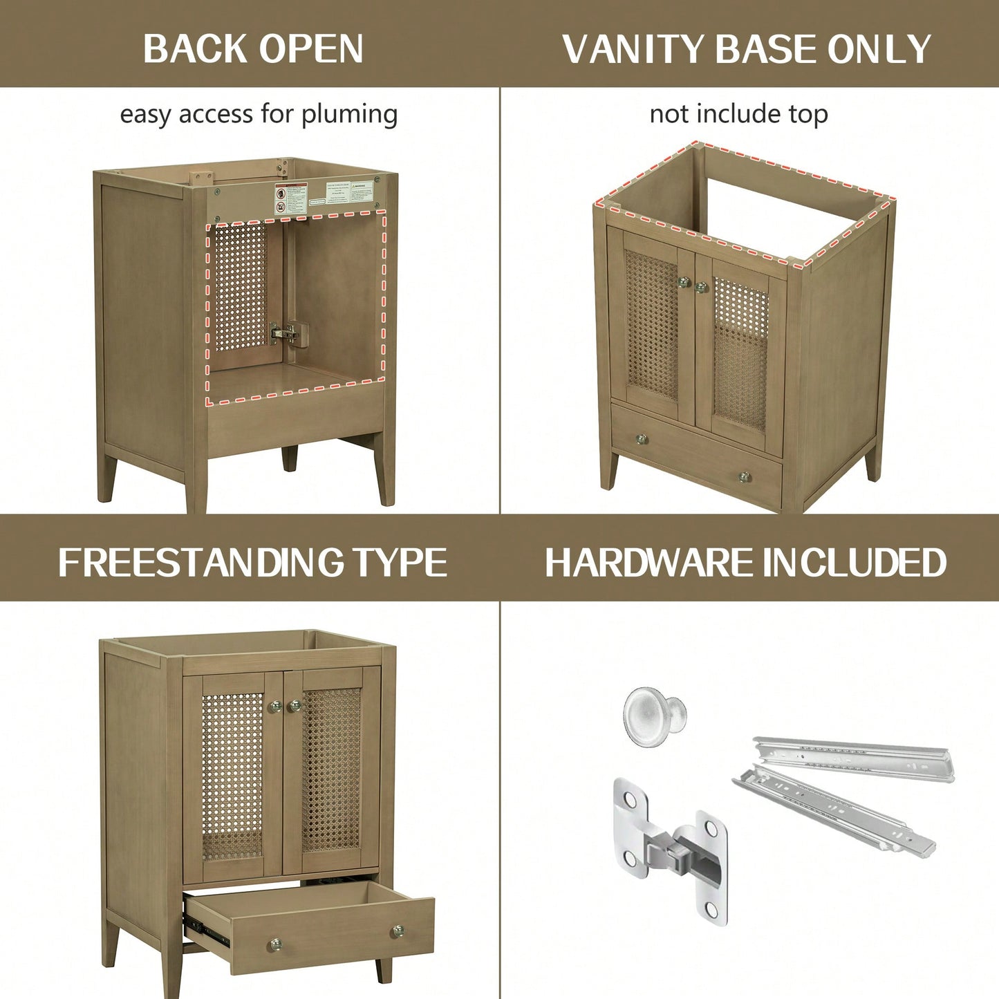24 Inch Rattan Bathroom Vanity Base With Doors And Drawer Solid Frame And MDF Board Natural Finish