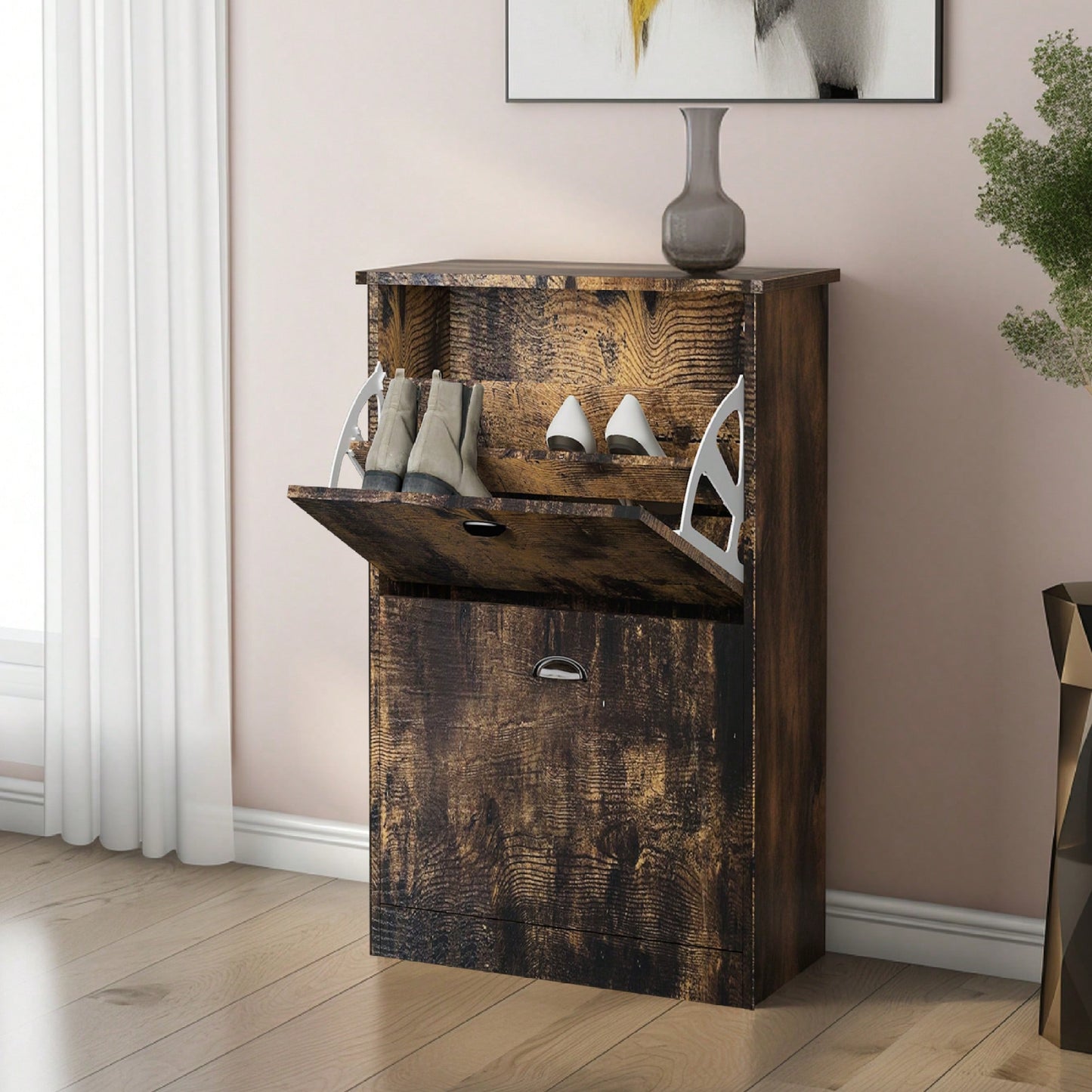 Slim Hidden Shoe Rack Cabinet With 2 Drawers For Entryway Foyer Hallway Bedroom In Retro Original Wood Color