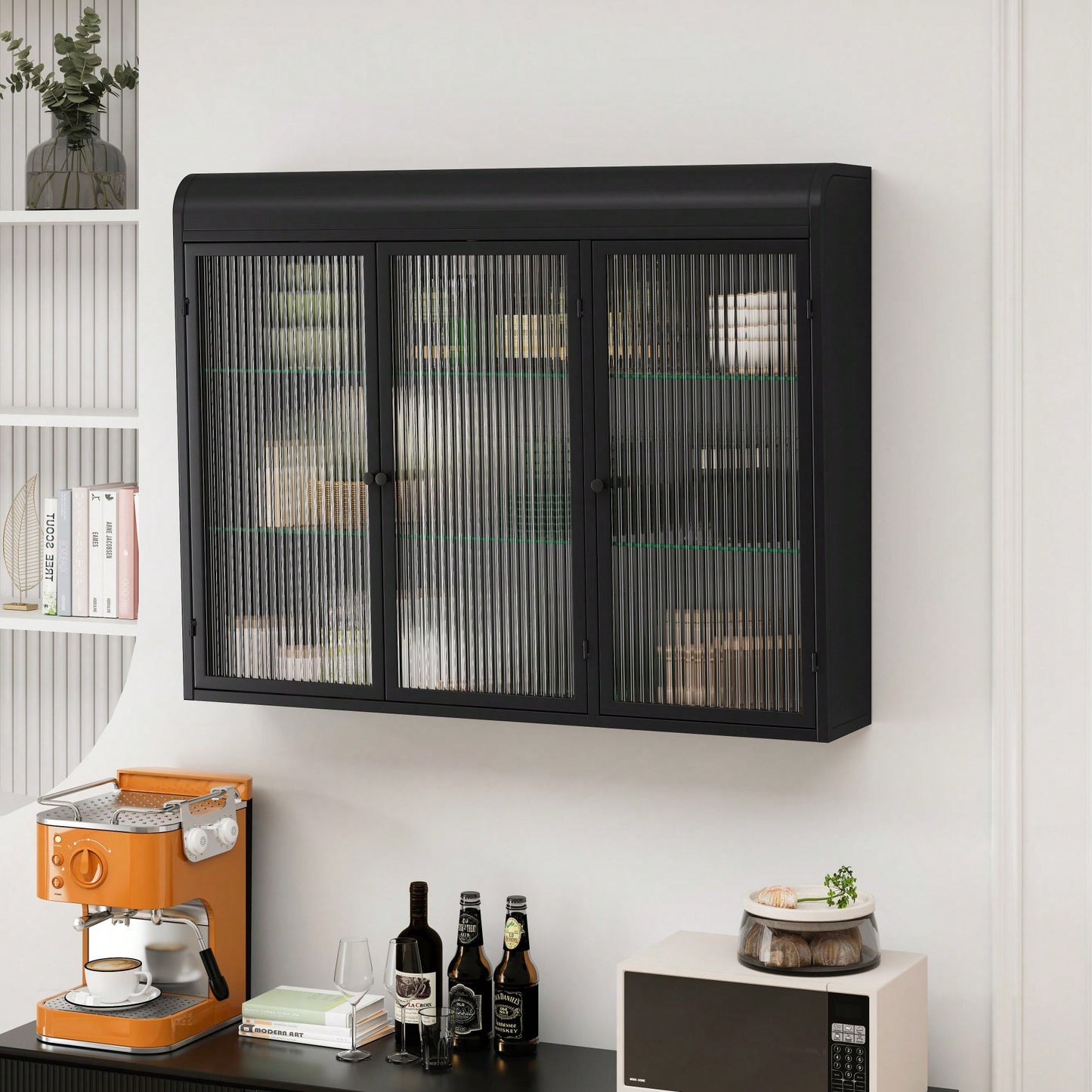 3 Door Arched Wall Mounted Glass Cabinet For Kitchen Living Room And Bathroom In Black Finish