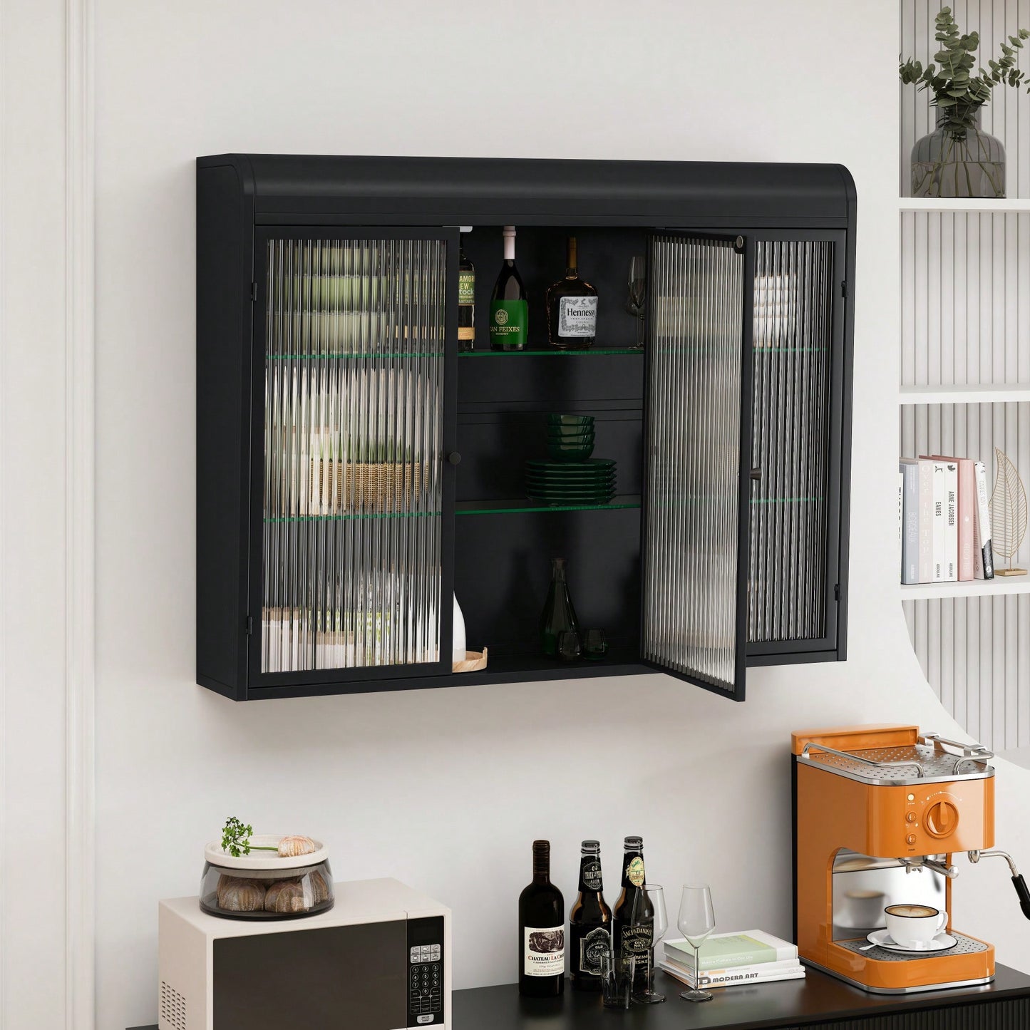 3 Door Arched Wall Mounted Glass Cabinet For Kitchen Living Room And Bathroom In Black Finish