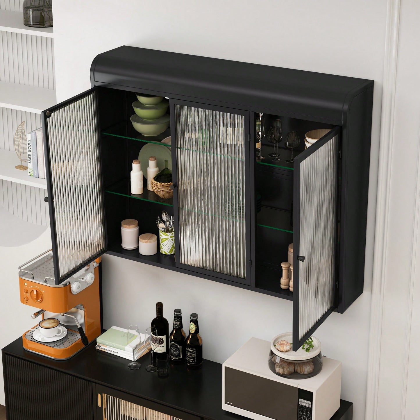 3 Door Arched Wall Mounted Glass Cabinet For Kitchen Living Room And Bathroom In Black Finish
