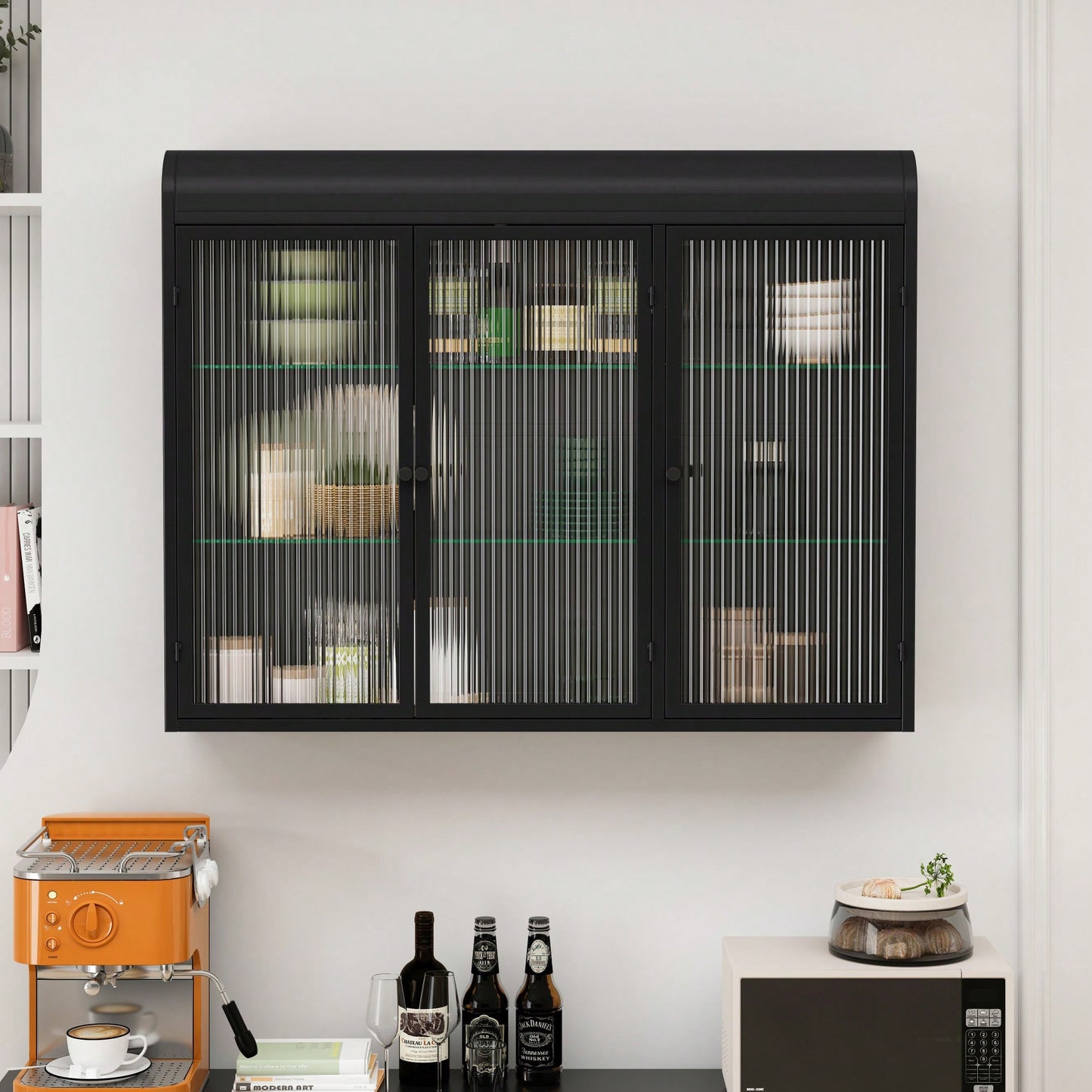 3 Door Arched Wall Mounted Glass Cabinet For Kitchen Living Room And Bathroom In Black Finish