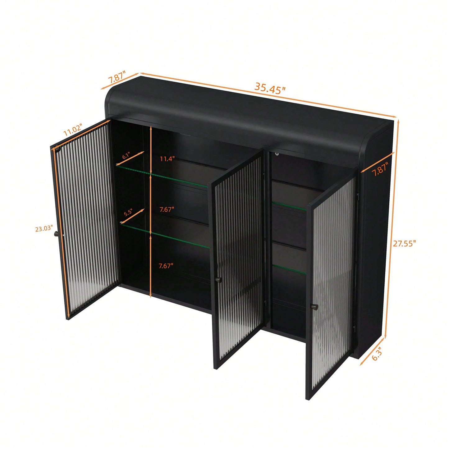 3 Door Arched Wall Mounted Glass Cabinet For Kitchen Living Room And Bathroom In Black Finish
