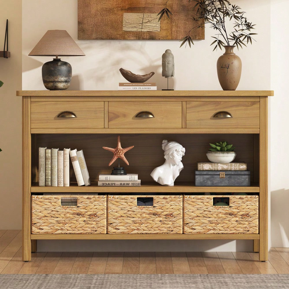 Vintage Console Table With Drawers And Woven Water Hyacinth Baskets For Entryway And Living Room In Espresso Finish