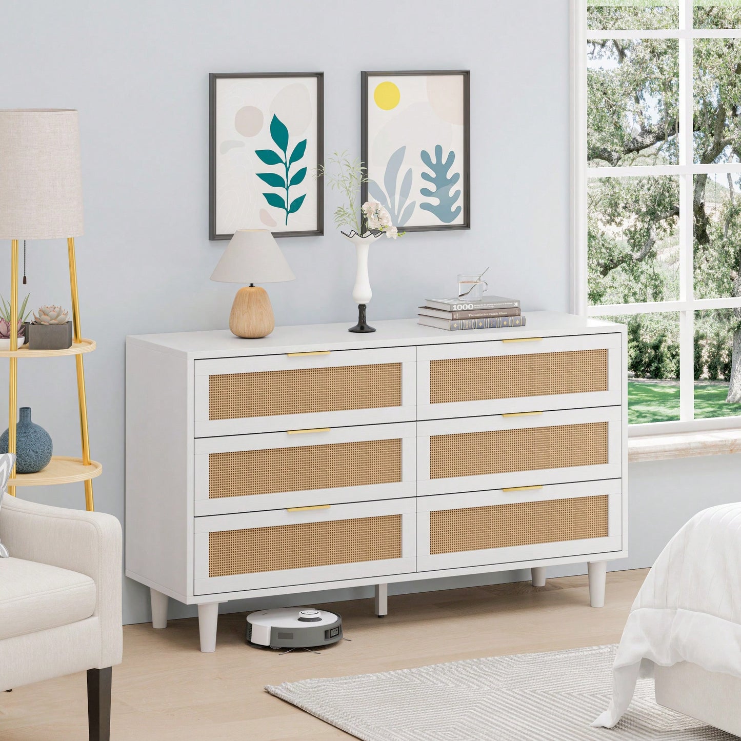 6-Drawer Rattan Storage Cabinet For Bedroom And Living Room In White