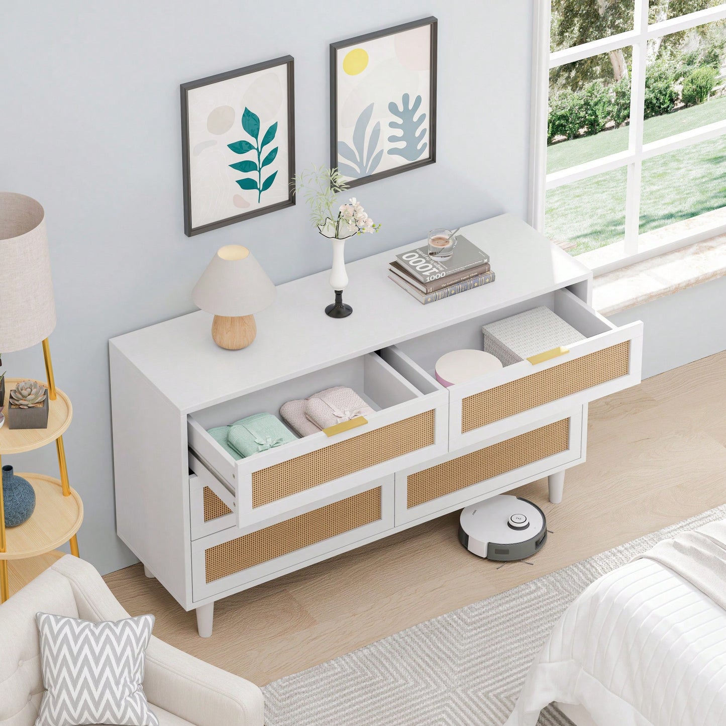 6-Drawer Rattan Storage Cabinet For Bedroom And Living Room In White