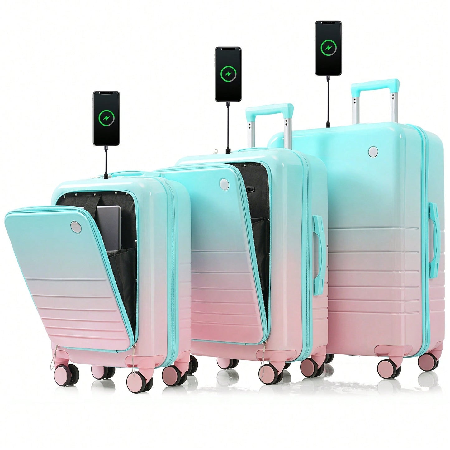 3-Piece Airline Approved Luggage Set with USB Port, Front Opening, Cup Holder, Durable ABS+PC Hard Shell, Spinner Wheels, Starry Sky White