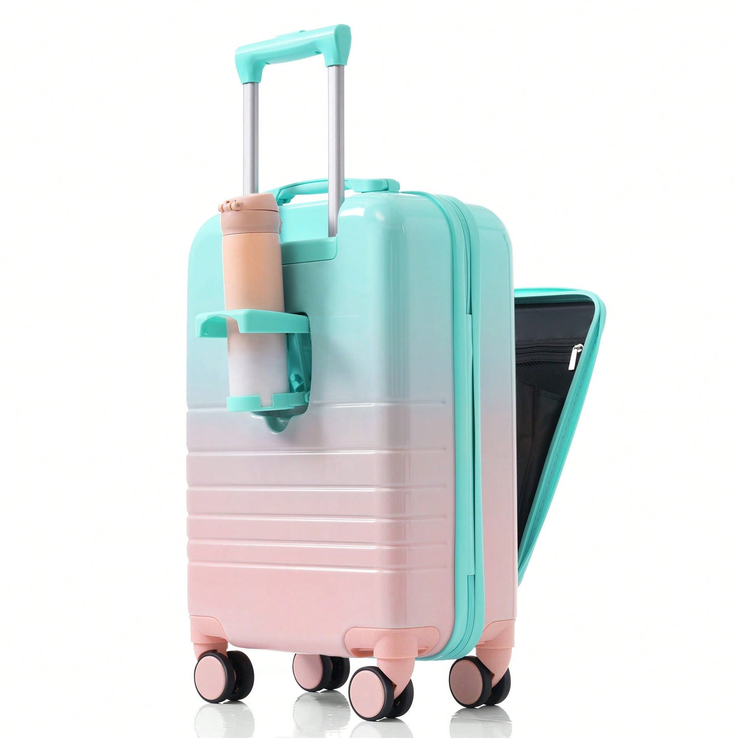 3-Piece Airline Approved Luggage Set with USB Port, Front Opening, Cup Holder, Durable ABS+PC Hard Shell, Spinner Wheels, Starry Sky White