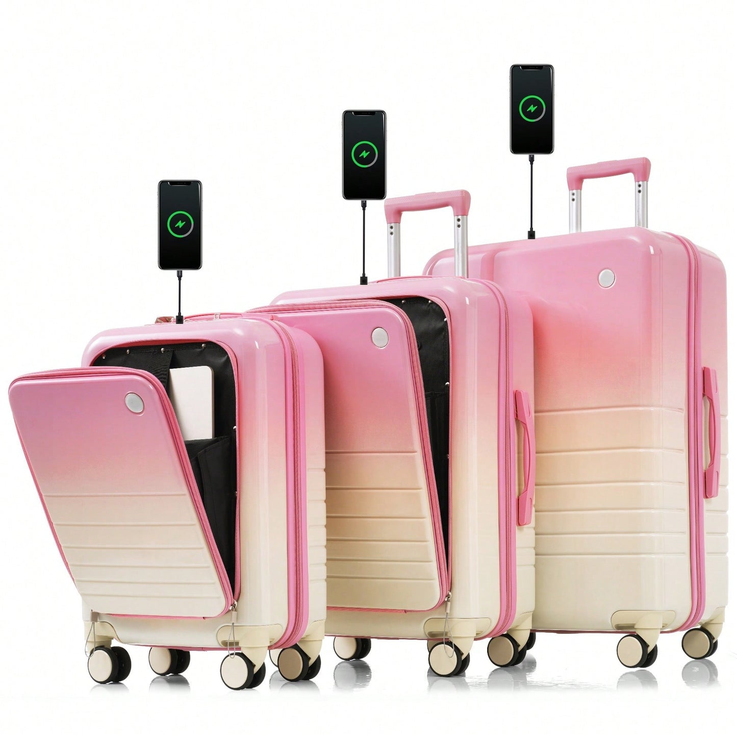 3-Piece Airline Approved Luggage Set with USB Port, Front Opening, Cup Holder, Durable ABS+PC Hard Shell, Spinner Wheels, Starry Sky White