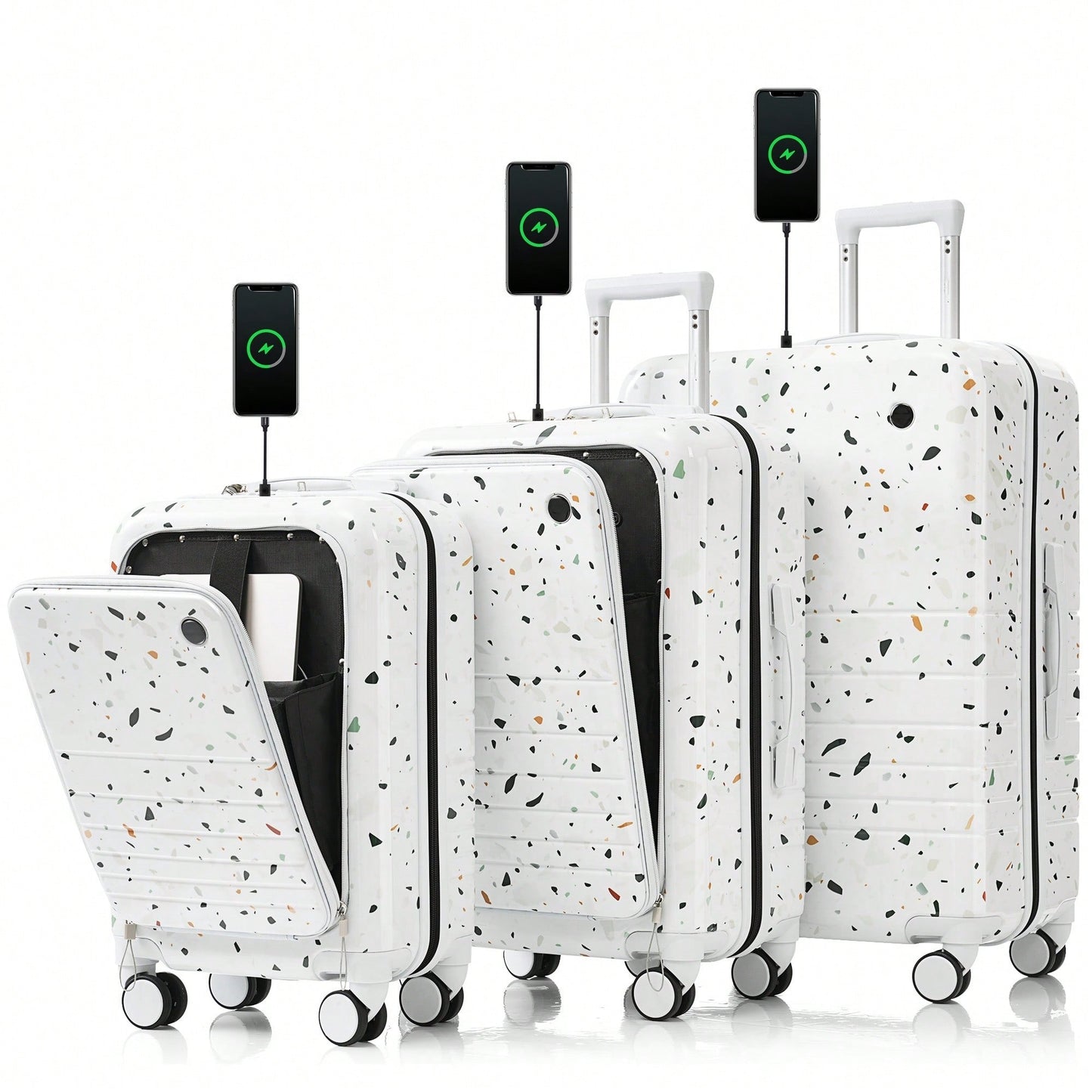 3-Piece Airline Approved Luggage Set with USB Port, Front Opening, Cup Holder, Durable ABS+PC Hard Shell, Spinner Wheels, Starry Sky White