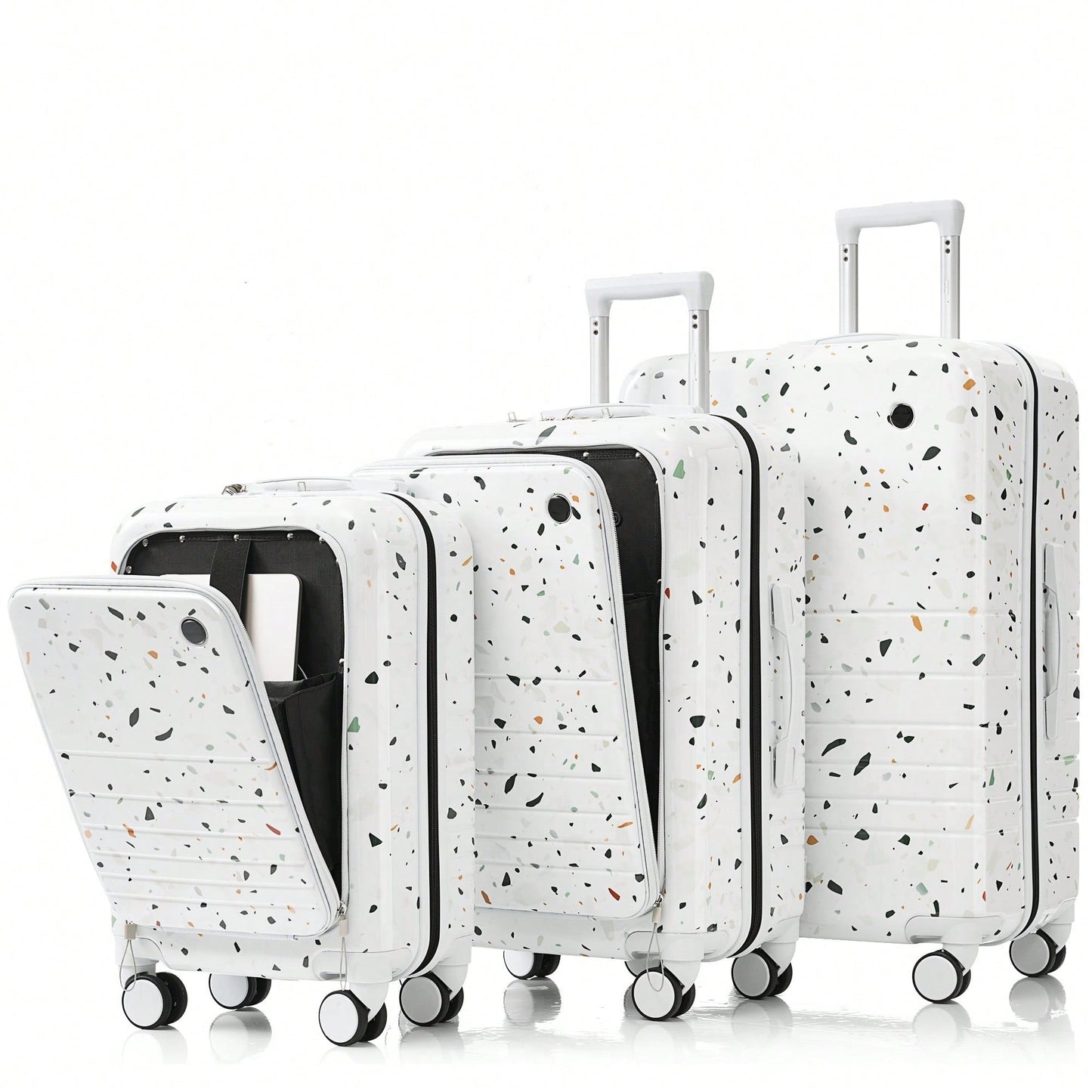 3-Piece Airline Approved Luggage Set with USB Port, Front Opening, Cup Holder, Durable ABS+PC Hard Shell, Spinner Wheels, Starry Sky White