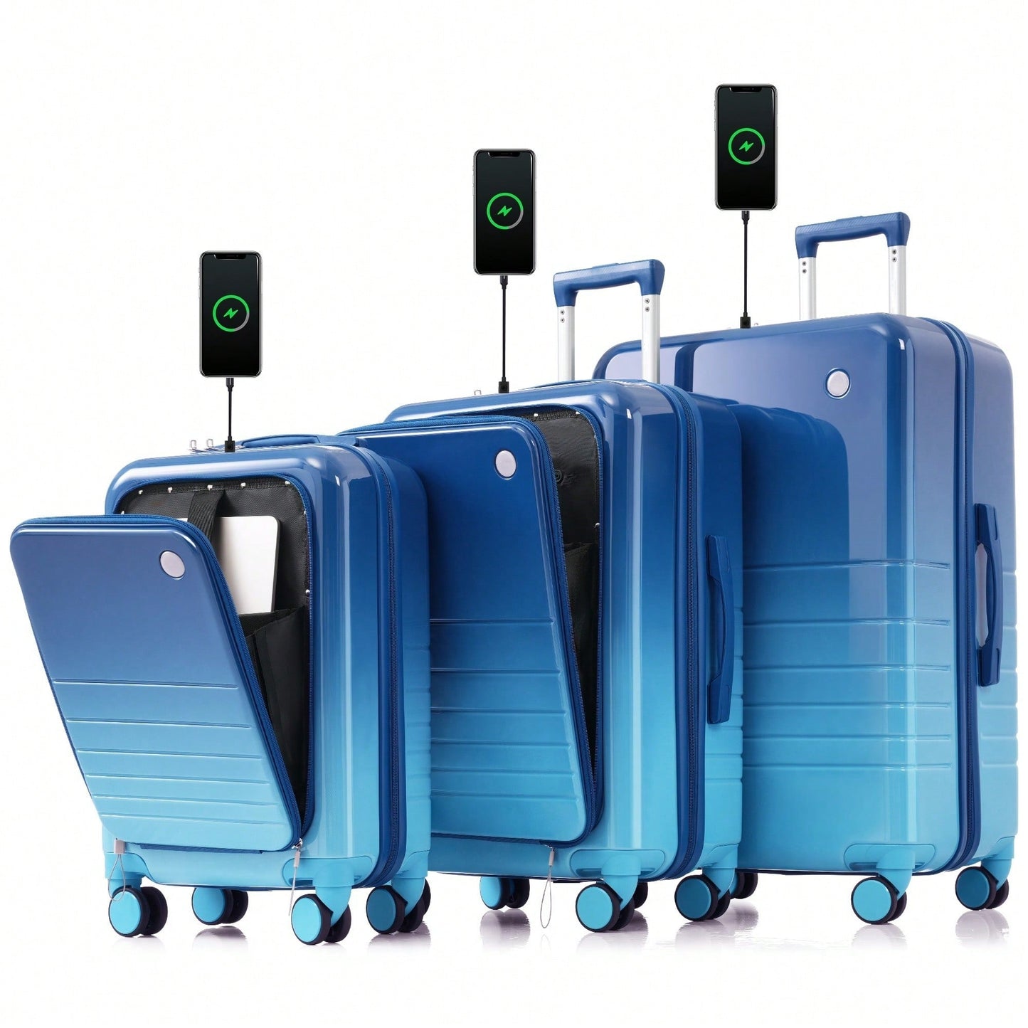 3-Piece Airline Approved Luggage Set with USB Port, Front Opening, Cup Holder, Durable ABS+PC Hard Shell, Spinner Wheels, Starry Sky White