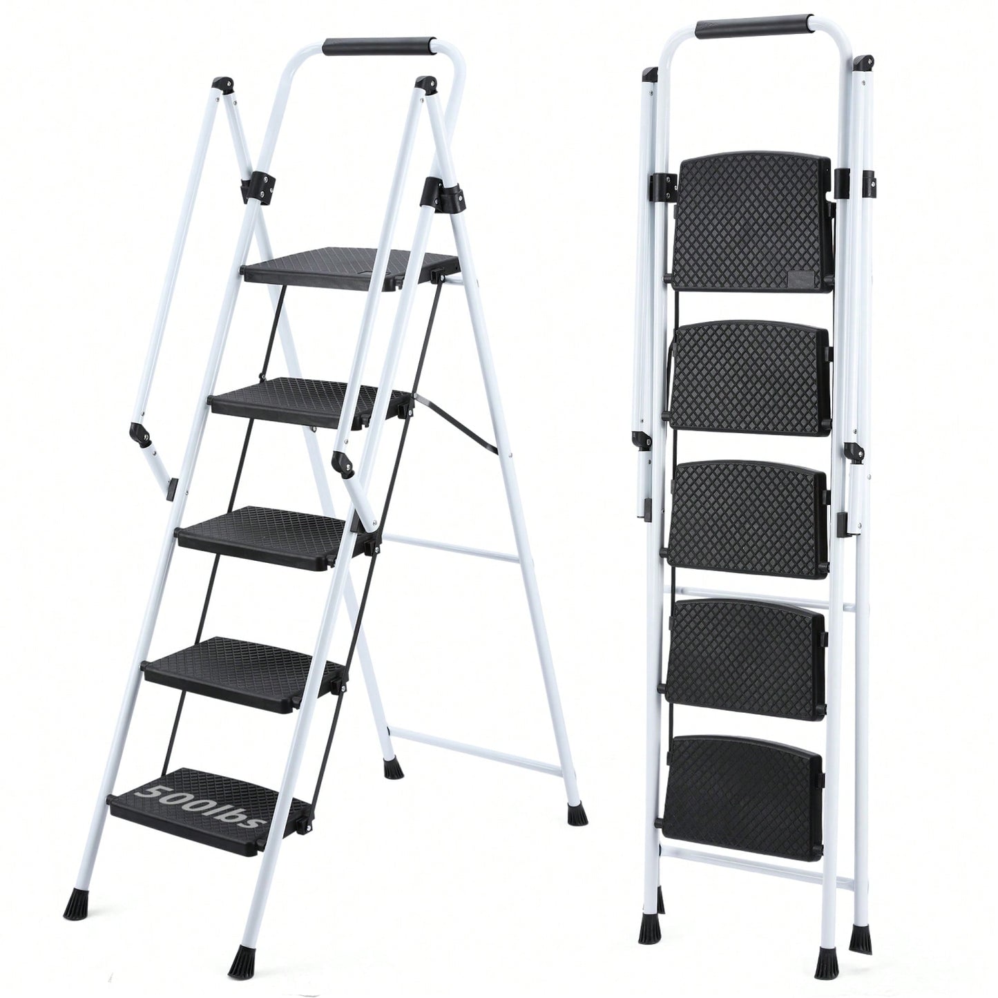 5 Step Folding Steel Ladder Stool With Anti-Slip Wide Pedals And Safety Handle Lightweight 300 Pound Capacity White