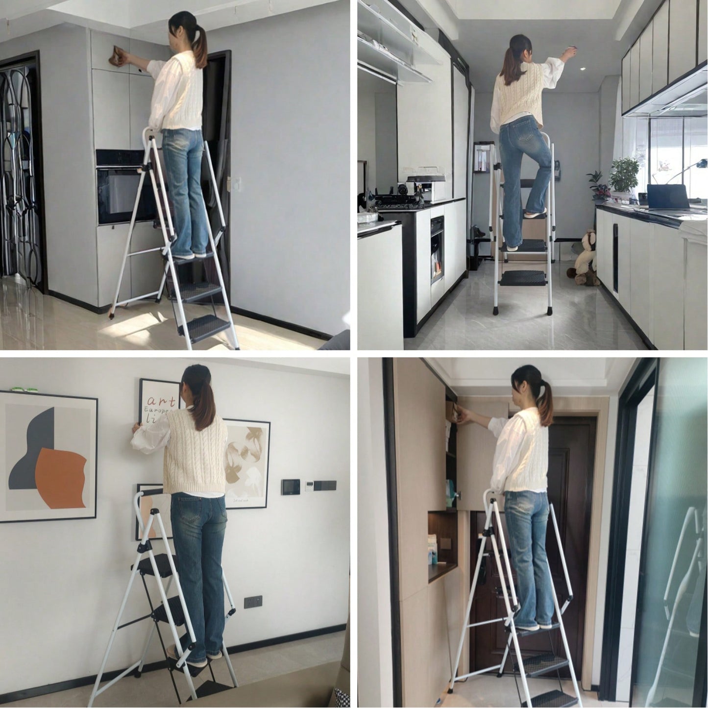 5 Step Folding Steel Ladder Stool With Anti-Slip Wide Pedals And Safety Handle Lightweight 300 Pound Capacity White