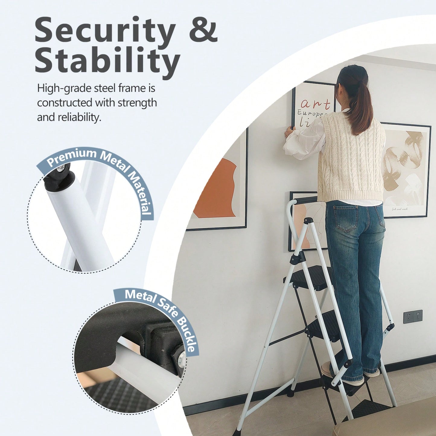 5 Step Folding Steel Ladder Stool With Anti-Slip Wide Pedals And Safety Handle Lightweight 300 Pound Capacity White