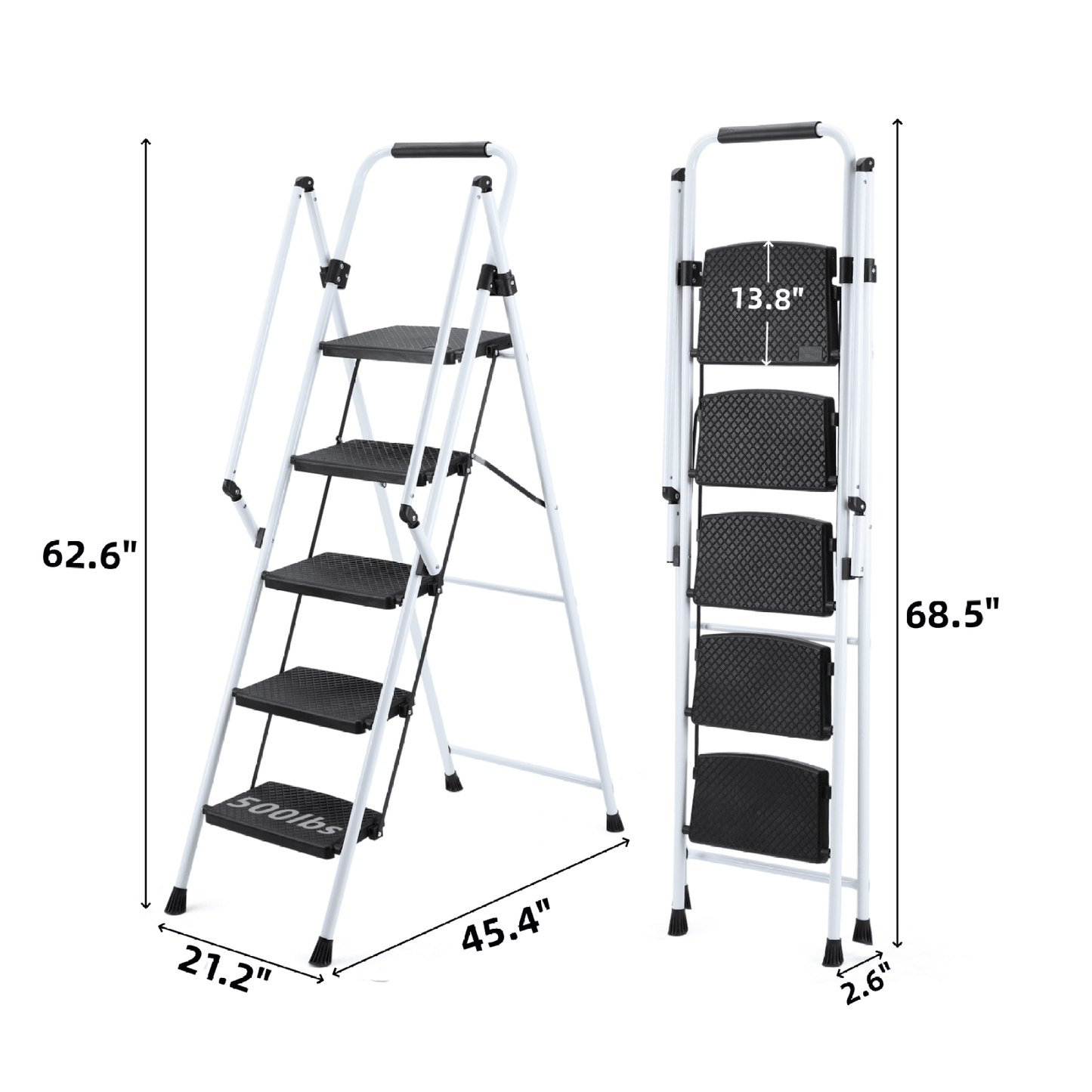 5 Step Folding Steel Ladder Stool With Anti-Slip Wide Pedals And Safety Handle Lightweight 300 Pound Capacity White