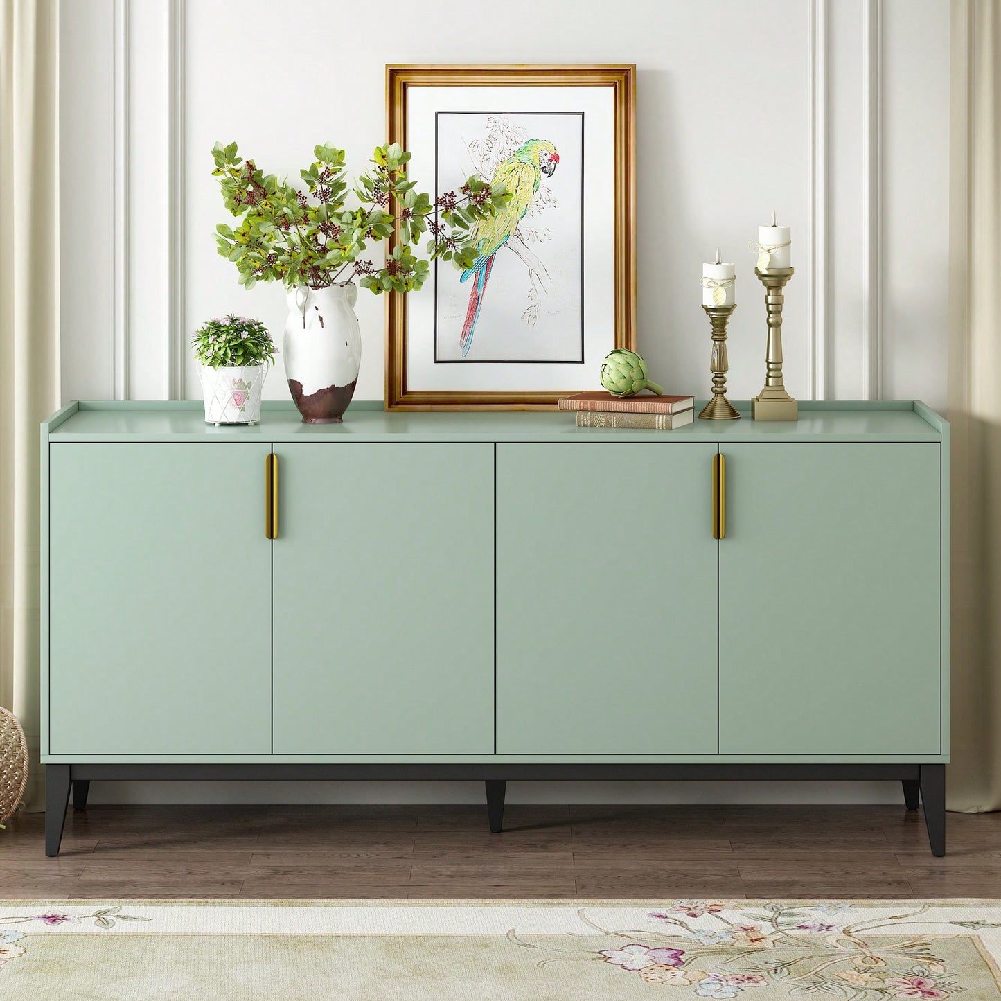 Wooden Storage Cabinet Sideboard With 4 Doors For Hallway Entryway Living Room Adjustable Shelves