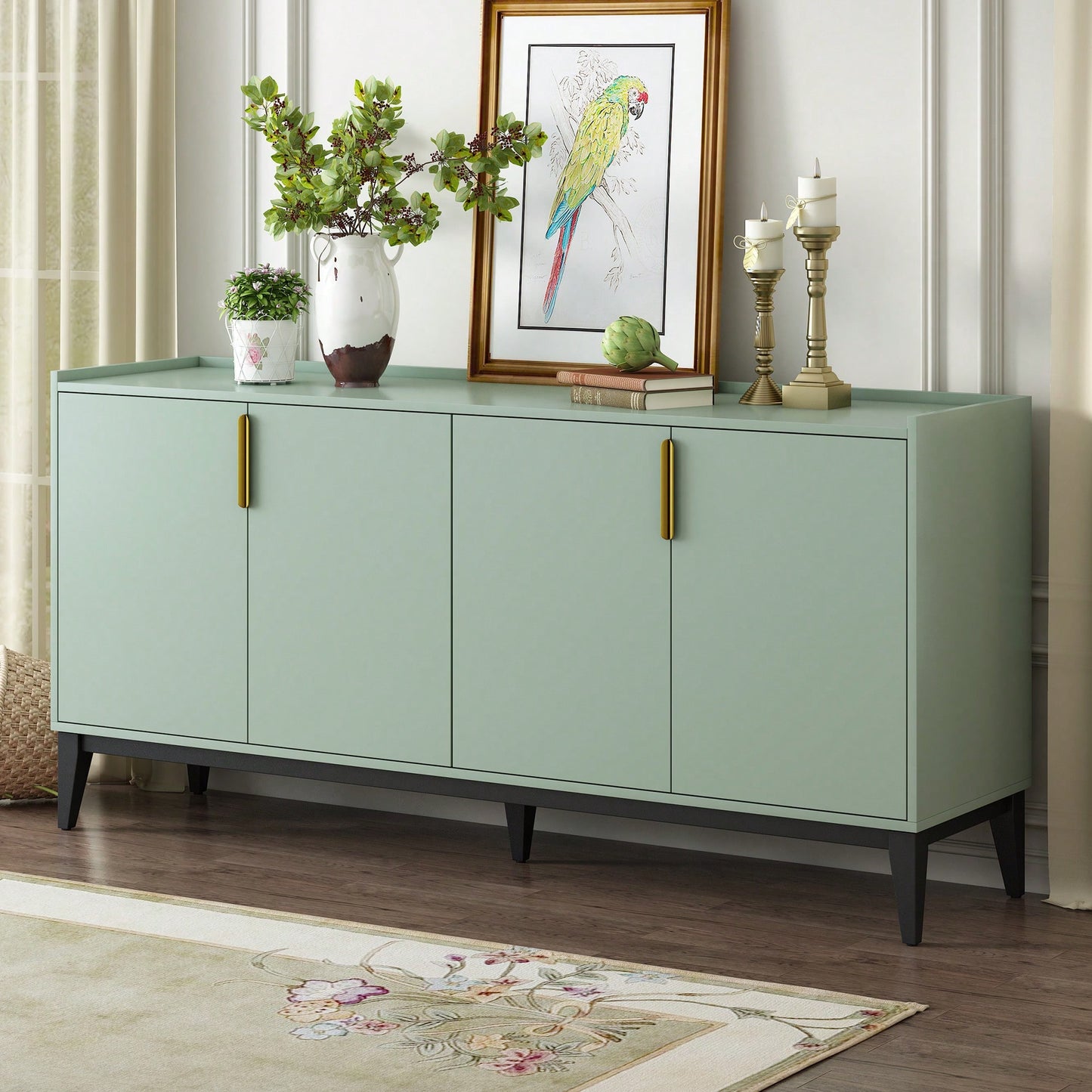Wooden Storage Cabinet Sideboard With 4 Doors For Hallway Entryway Living Room Adjustable Shelves