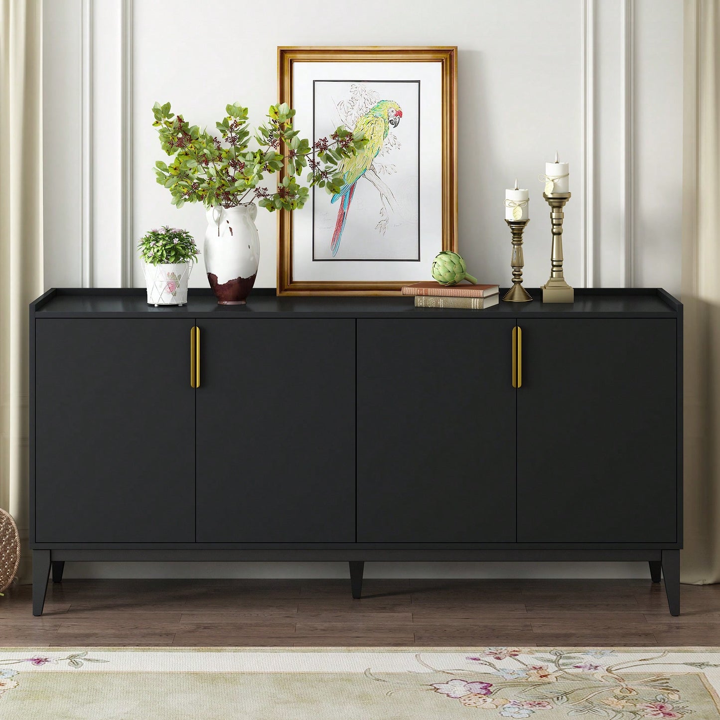 Wooden Storage Cabinet Sideboard With 4 Doors For Hallway Entryway Living Room Adjustable Shelves
