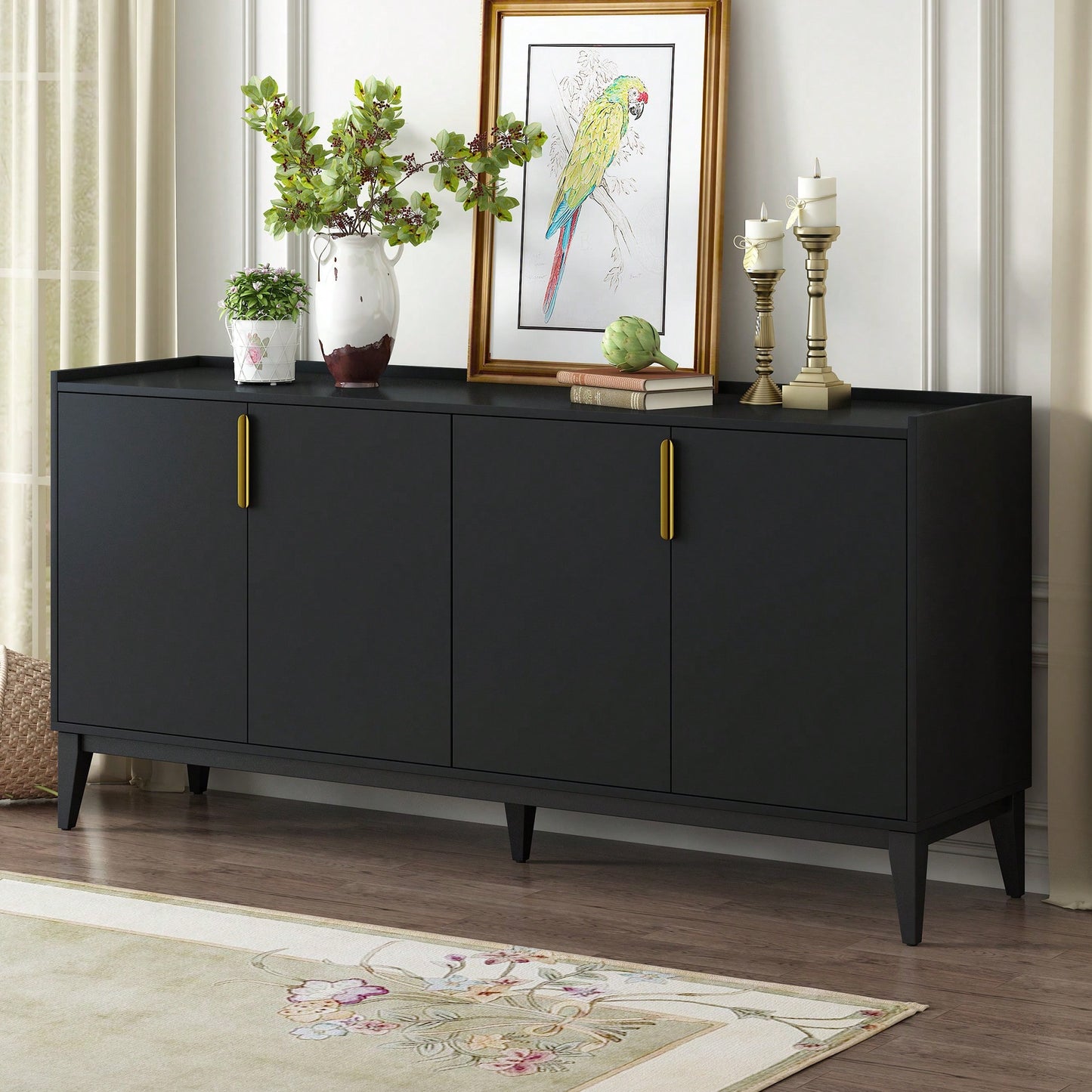 Wooden Storage Cabinet Sideboard With 4 Doors For Hallway Entryway Living Room Adjustable Shelves