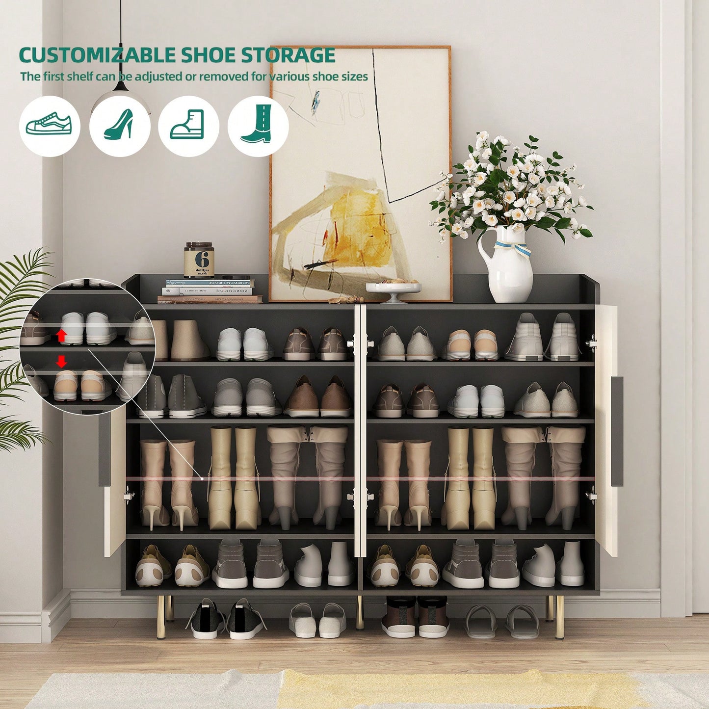 Modern Large Shoe Storage Organizer Cabinet With 4 Doors And Adjustable Shelves For Entryway And Living Room In Black