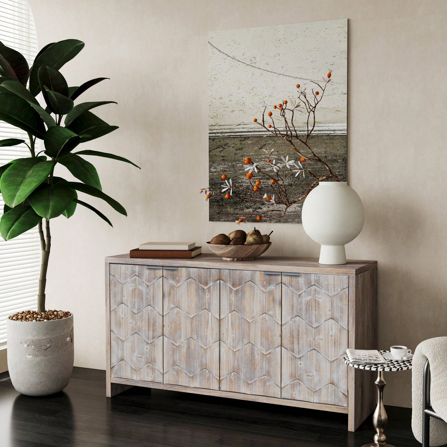 Farmhouse 4 Door Wooden Accent Cabinet Storage Sideboard Buffet for Living Room Entryway Kitchen Dining Room Natural Wood Finish