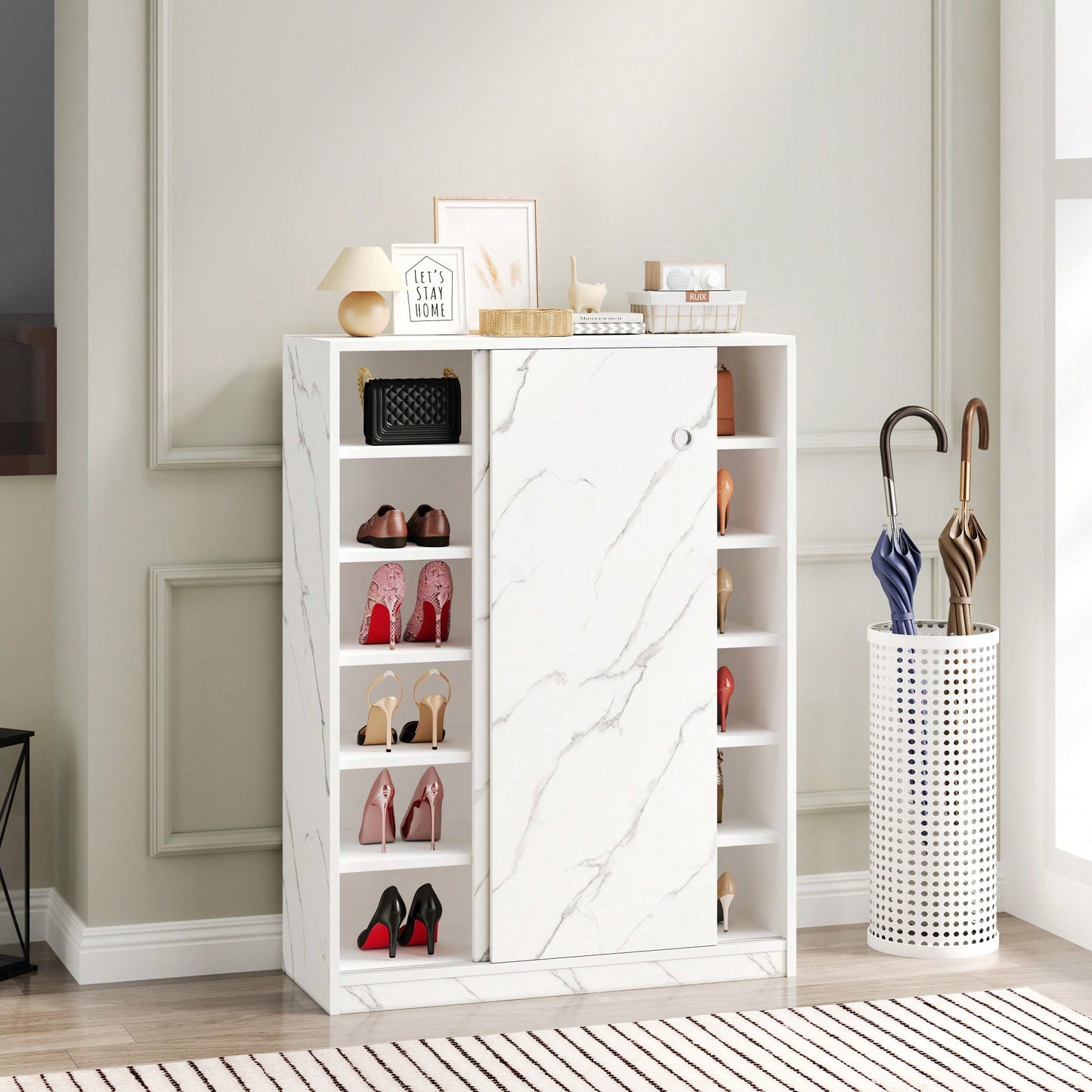 Marble Black Sliding Door Shoe Cabinet With 6 Layers For Up To 30 Pairs Of Shoes