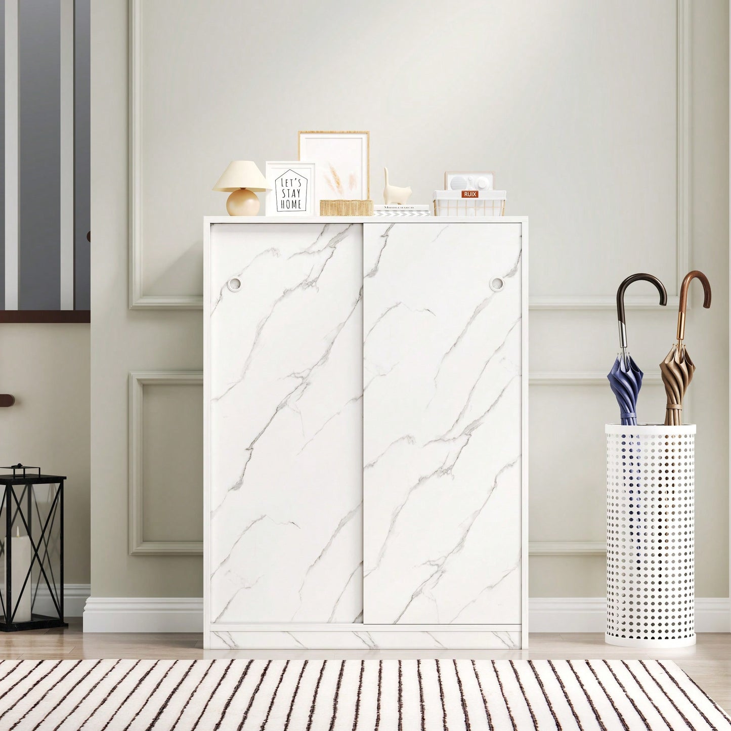 Marble Black Sliding Door Shoe Cabinet With 6 Layers For Up To 30 Pairs Of Shoes