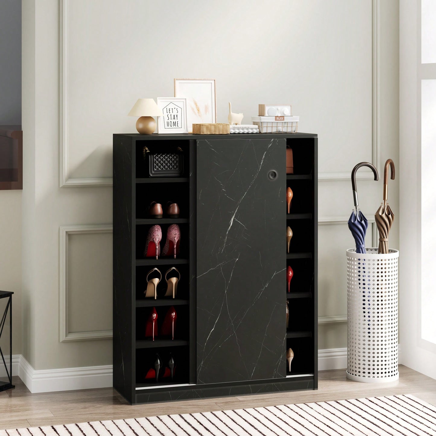 Marble Black Sliding Door Shoe Cabinet With 6 Layers For Up To 30 Pairs Of Shoes