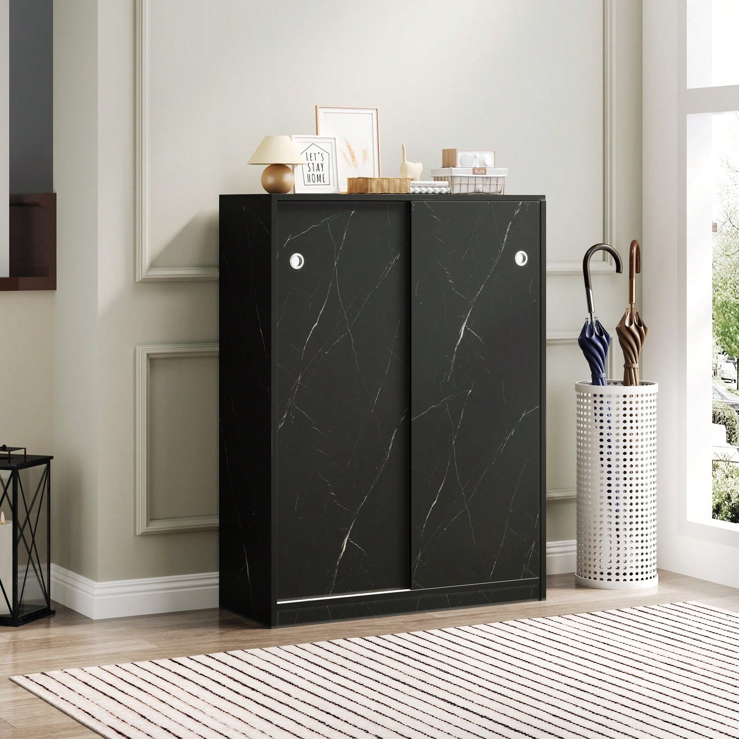Marble Black Sliding Door Shoe Cabinet With 6 Layers For Up To 30 Pairs Of Shoes