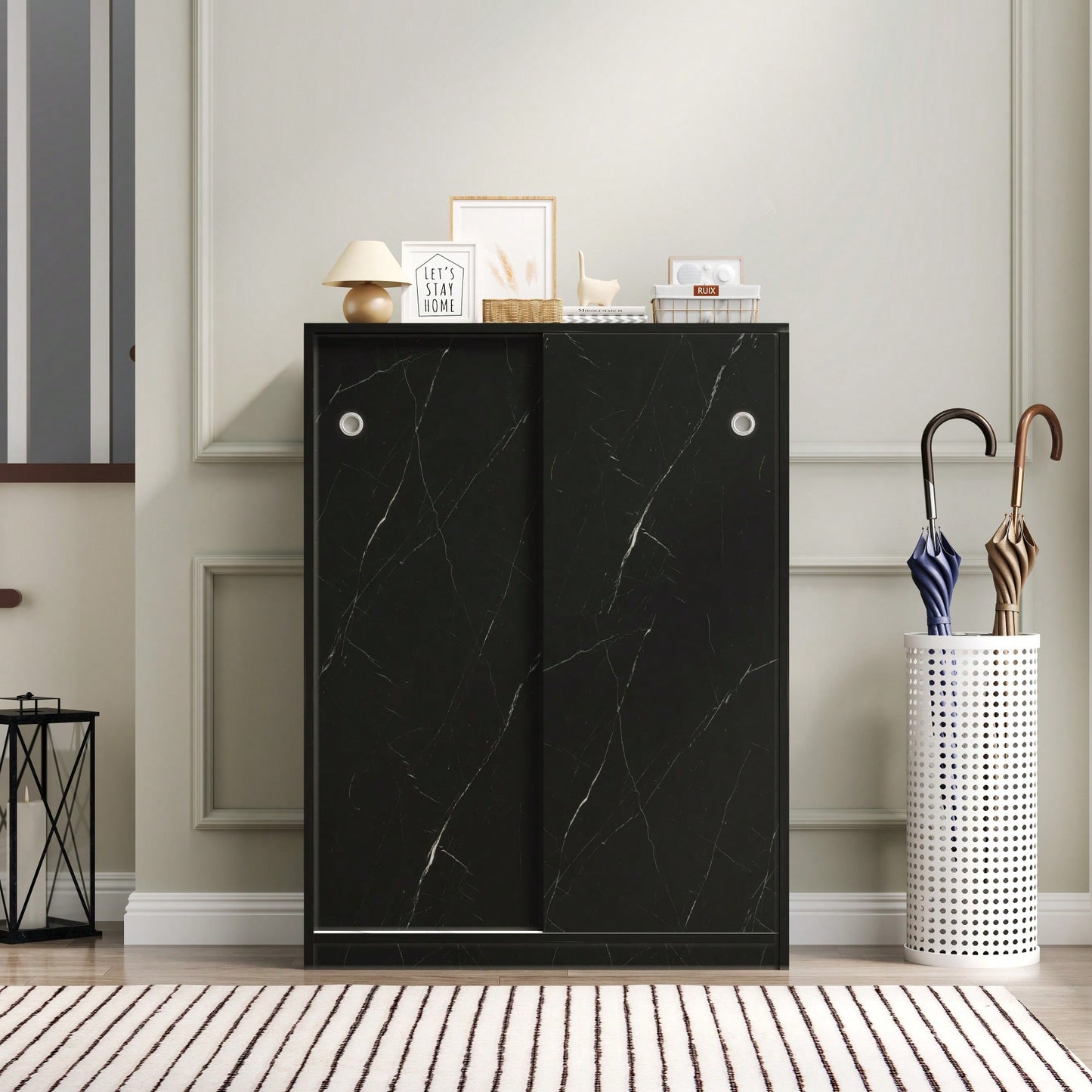 Marble Black Sliding Door Shoe Cabinet With 6 Layers For Up To 30 Pairs Of Shoes