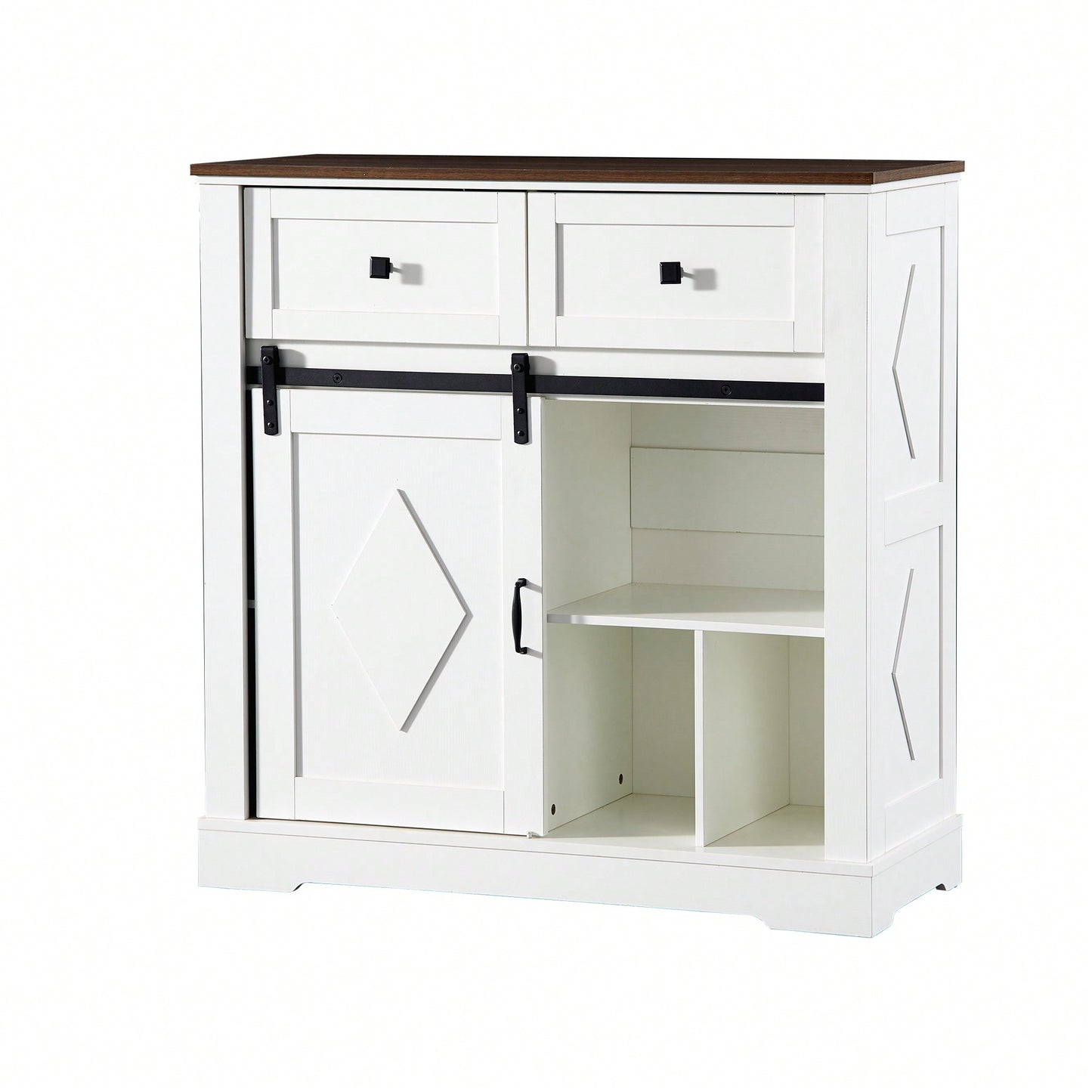 39 Inch Sliding Barn Door Buffet Storage Cabinet With 2 Drawers For Dining Room And Living Room Coffee Bar In White And Walnut Finish