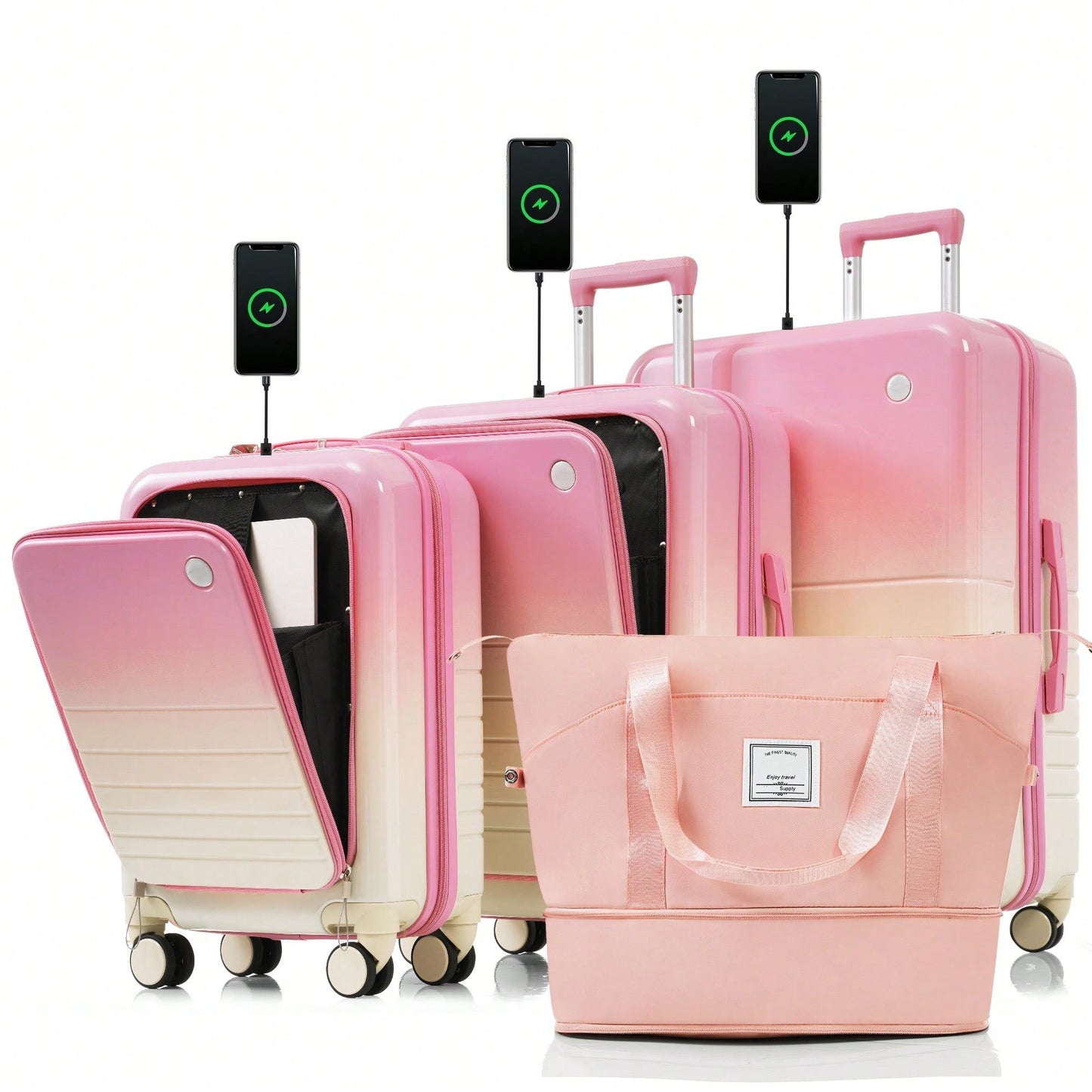 4-Piece Expandable Hard Shell Luggage Set with USB Port Front Opening Airline Approved Carry-On and Cup Holder in Blue