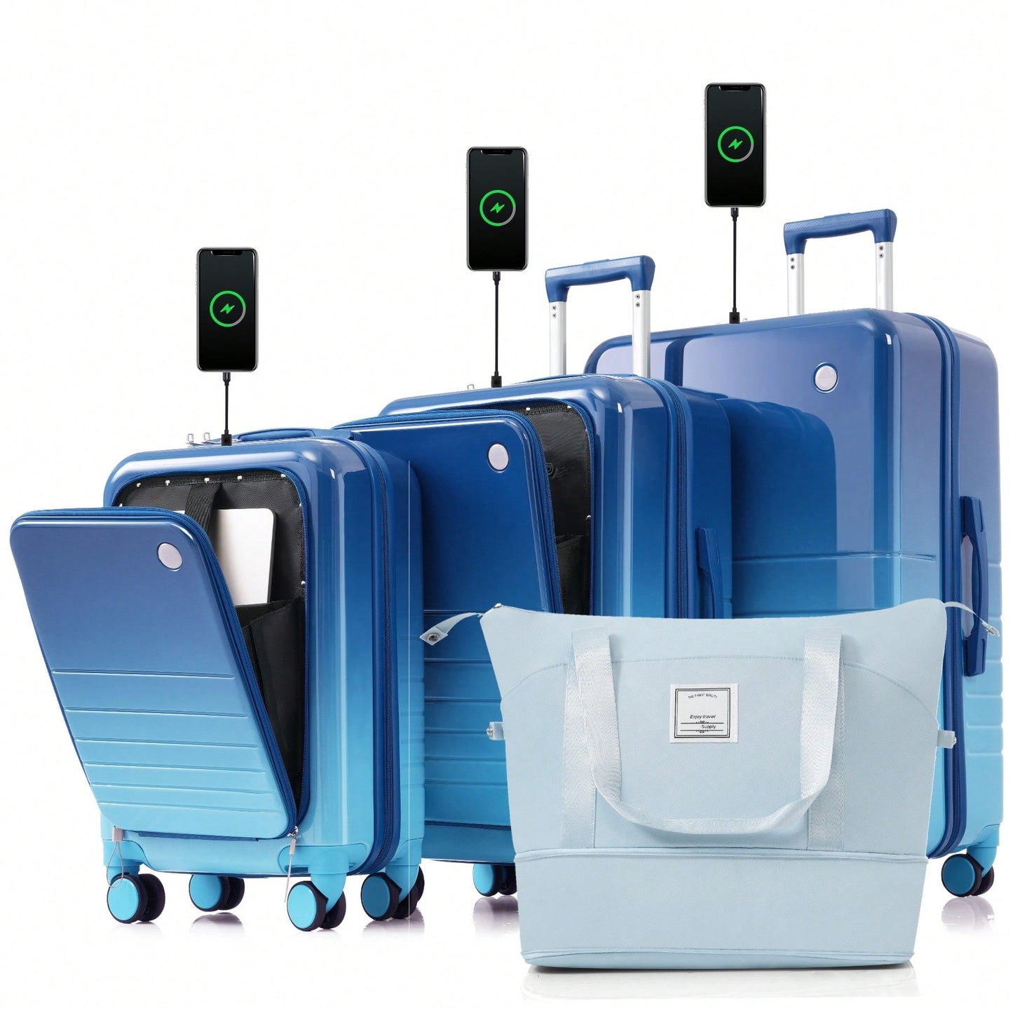 4-Piece Expandable Hard Shell Luggage Set with USB Port Front Opening Airline Approved Carry-On and Cup Holder in Blue