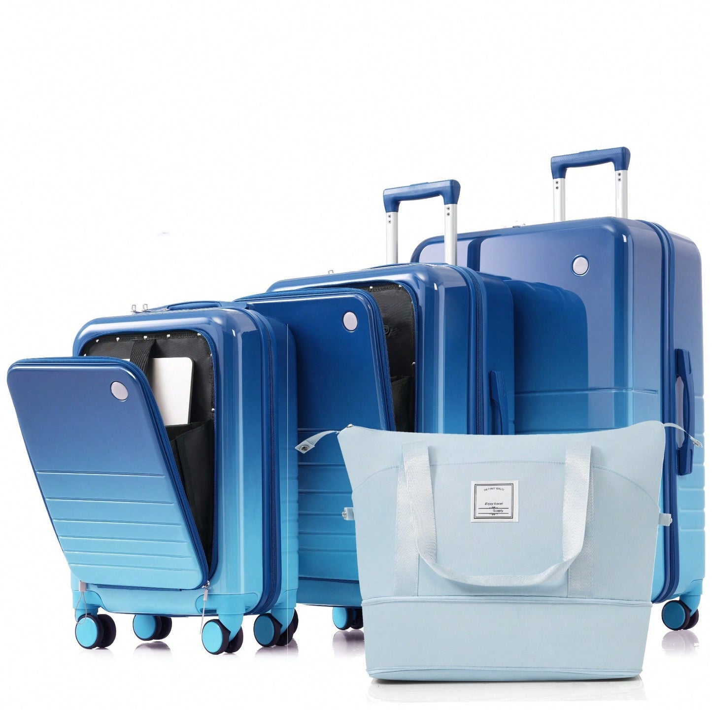 4-Piece Expandable Hard Shell Luggage Set with USB Port Front Opening Airline Approved Carry-On and Cup Holder in Blue