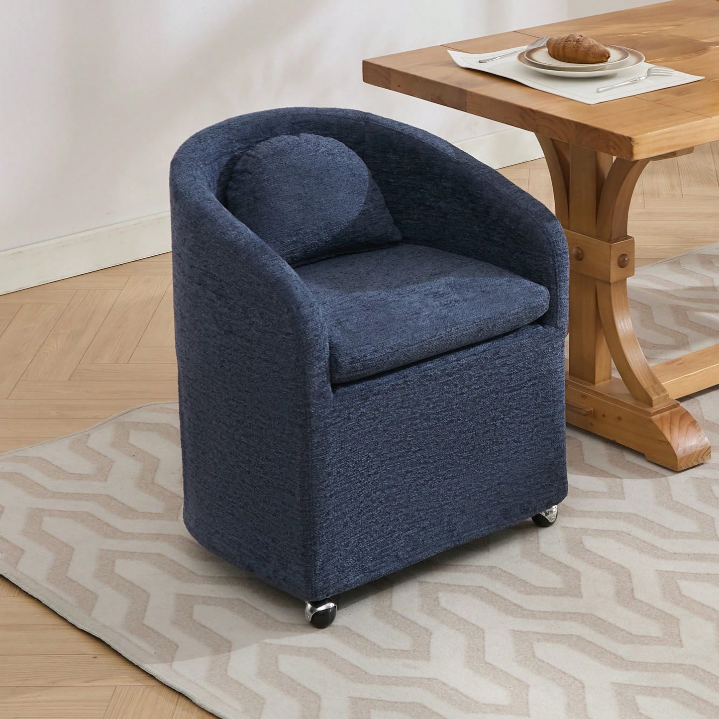 Chenille Fabric Dining Armchair With Back Cushion And Universal Wheels In Beige
