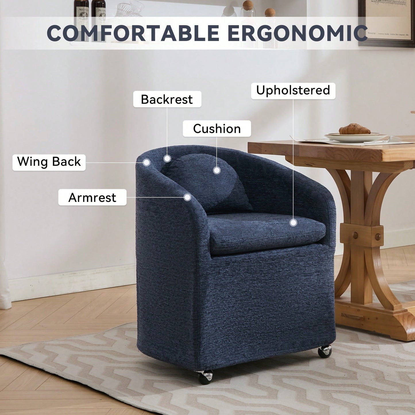 Chenille Fabric Dining Armchair With Back Cushion And Universal Wheels In Beige