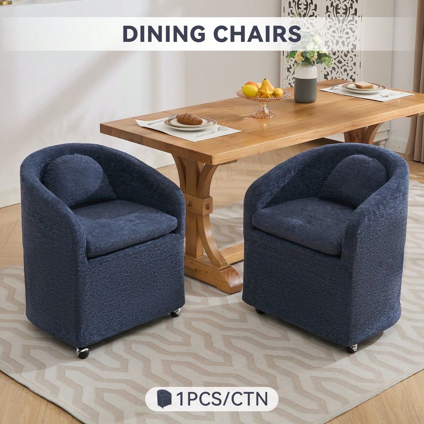 Chenille Fabric Dining Armchair With Back Cushion And Universal Wheels In Beige