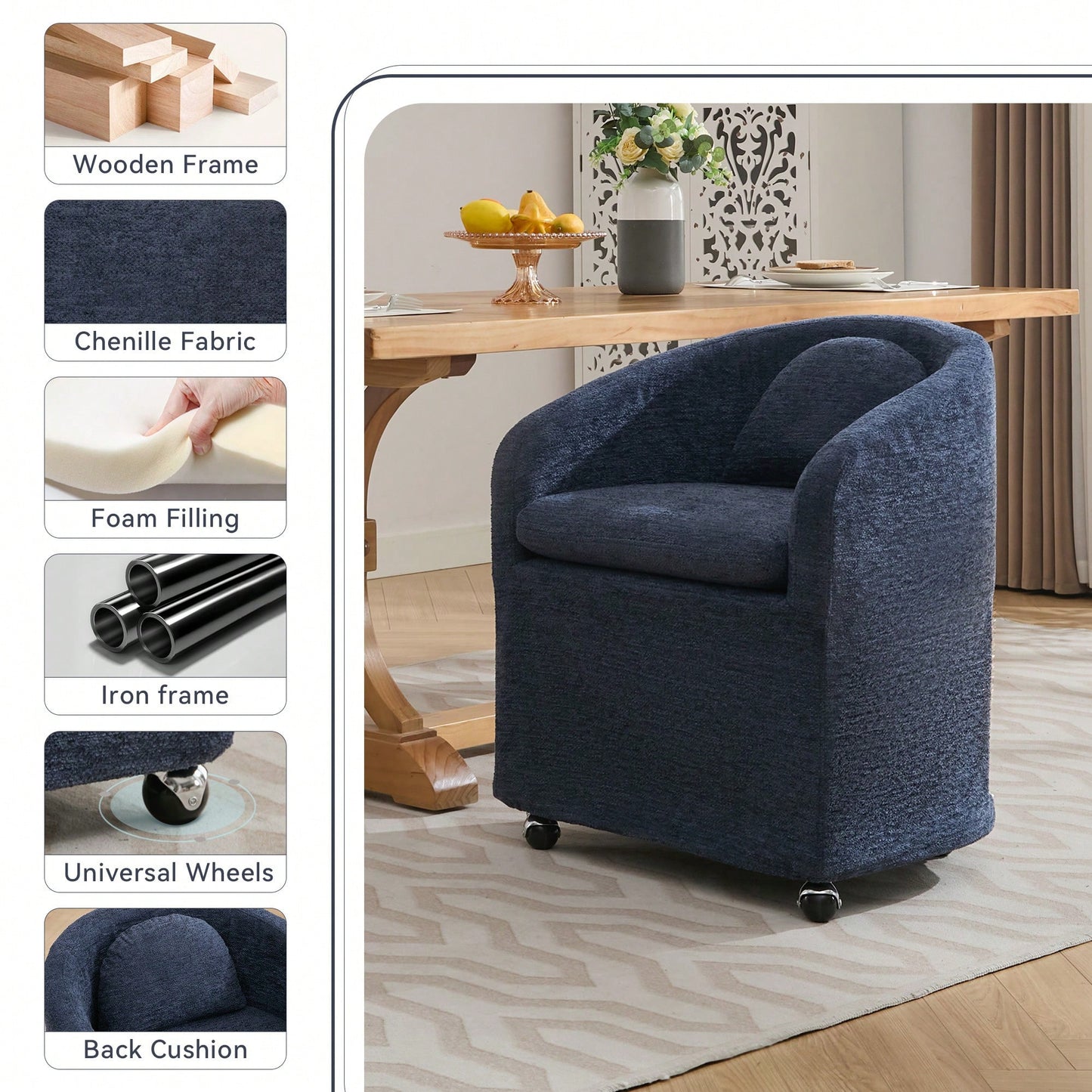 Chenille Fabric Dining Armchair With Back Cushion And Universal Wheels In Beige