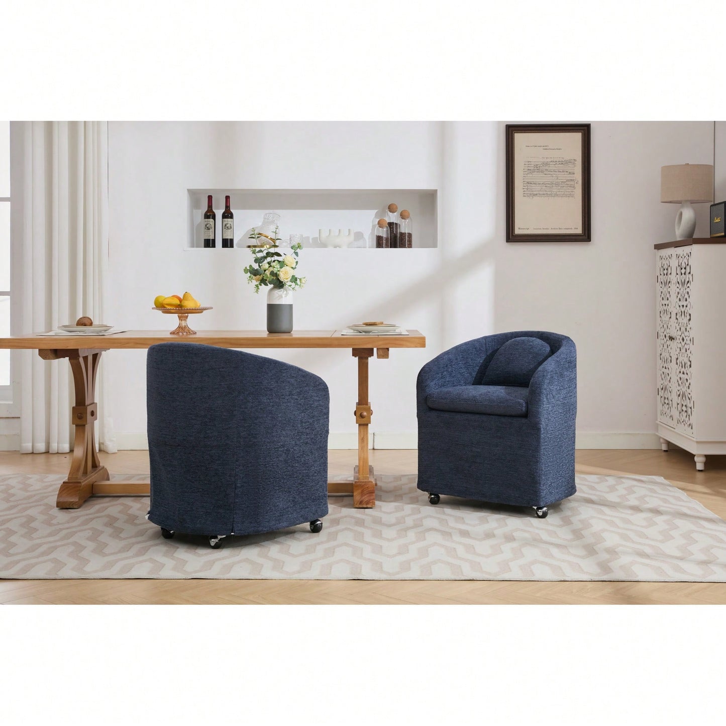 Chenille Fabric Dining Armchair With Back Cushion And Universal Wheels In Beige