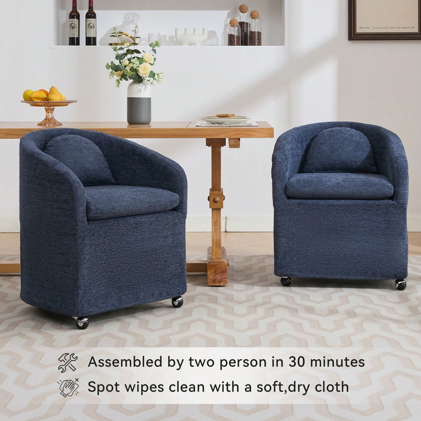 Chenille Fabric Dining Armchair With Back Cushion And Universal Wheels In Beige
