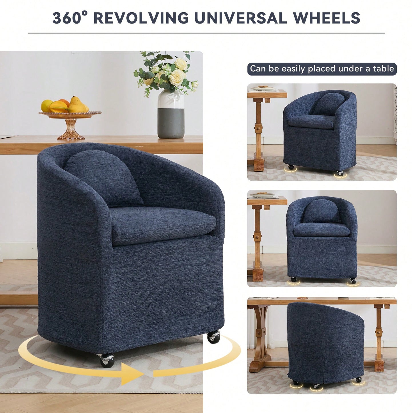 Chenille Fabric Dining Armchair With Back Cushion And Universal Wheels In Beige