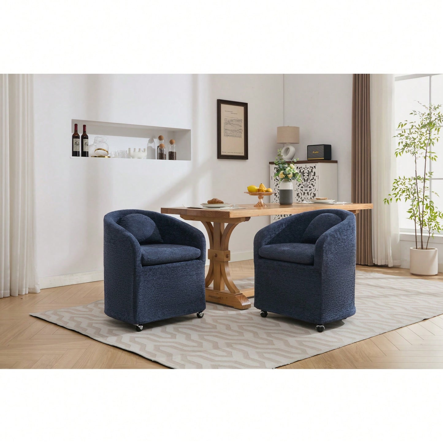 Chenille Fabric Dining Armchair With Back Cushion And Universal Wheels In Beige