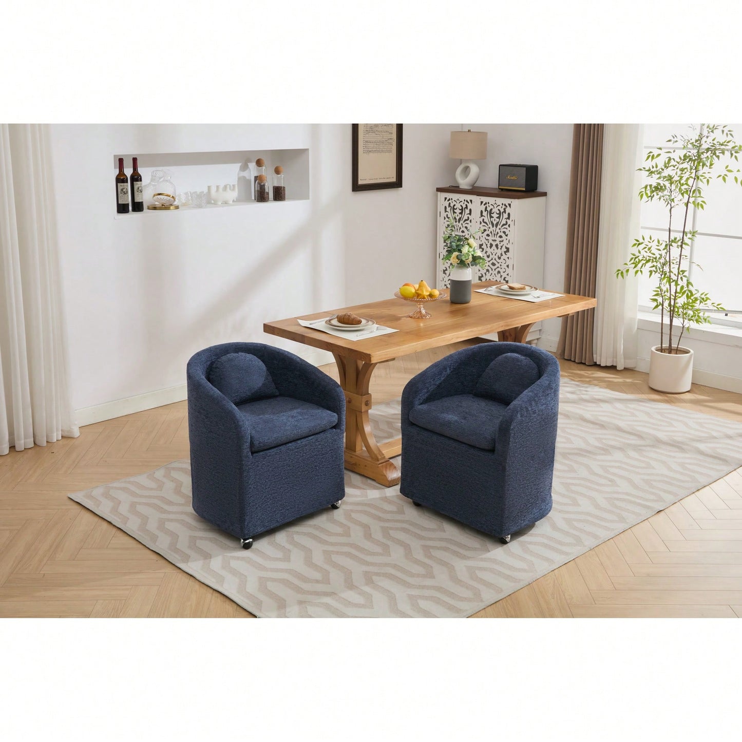 Chenille Fabric Dining Armchair With Back Cushion And Universal Wheels In Beige