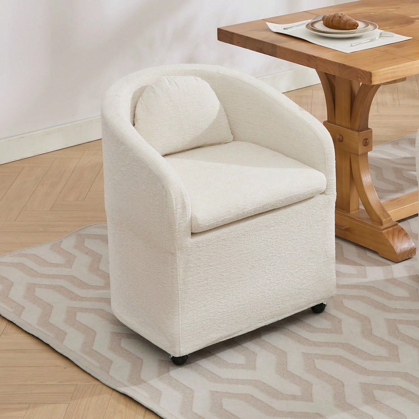 Chenille Fabric Dining Armchair With Back Cushion And Universal Wheels In Beige