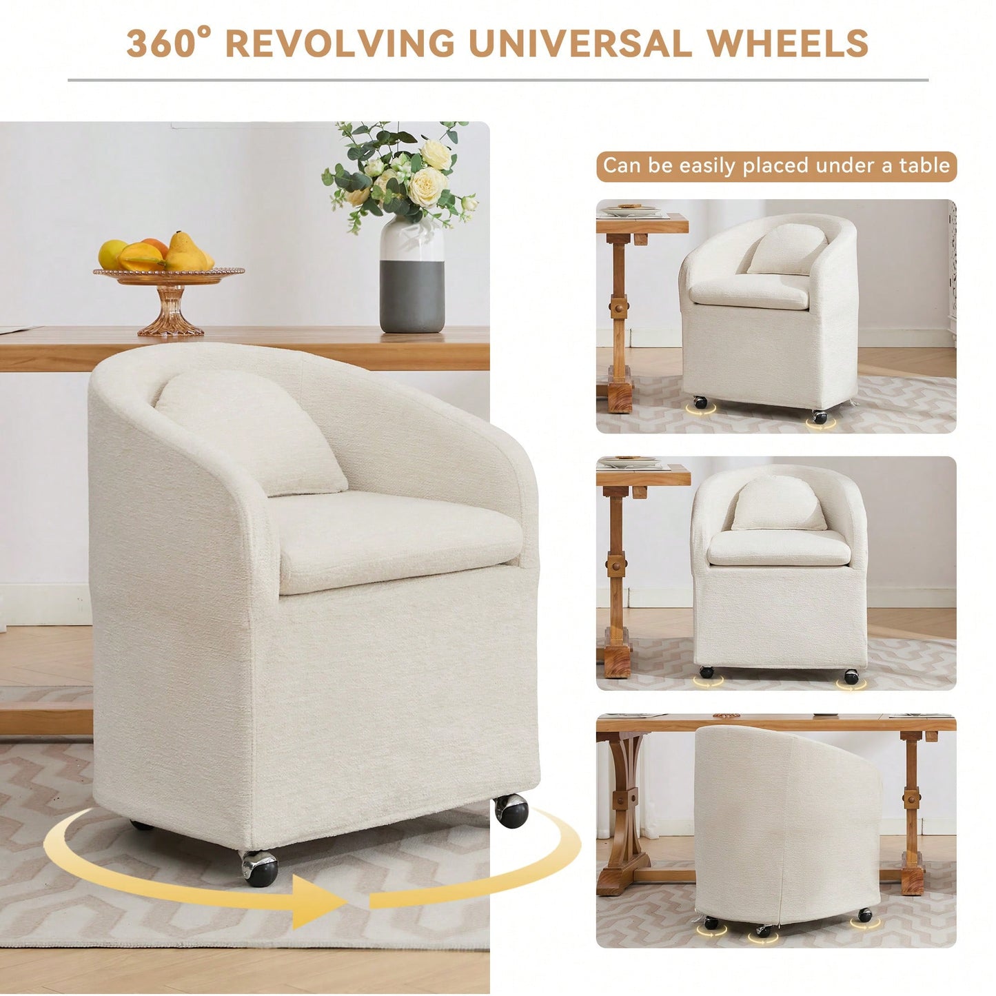 Chenille Fabric Dining Armchair With Back Cushion And Universal Wheels In Beige