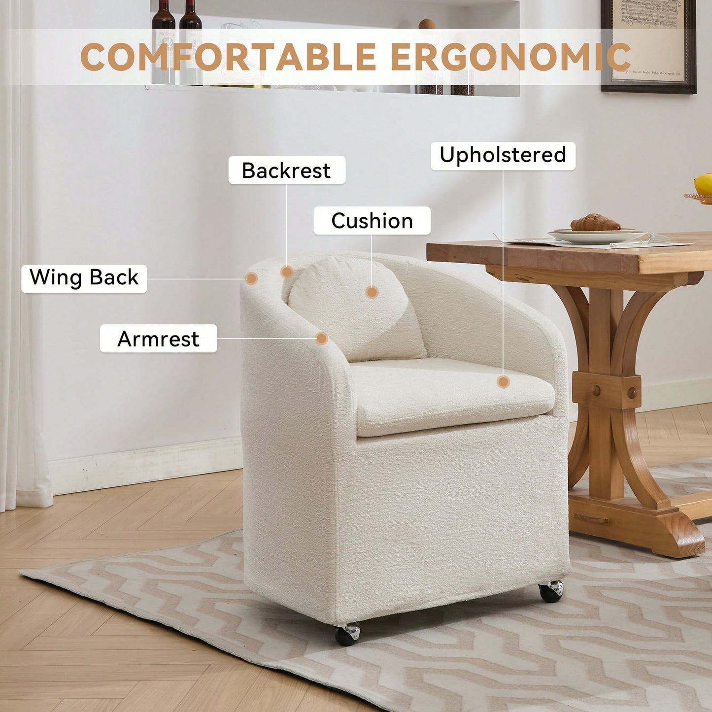 Chenille Fabric Dining Armchair With Back Cushion And Universal Wheels In Beige