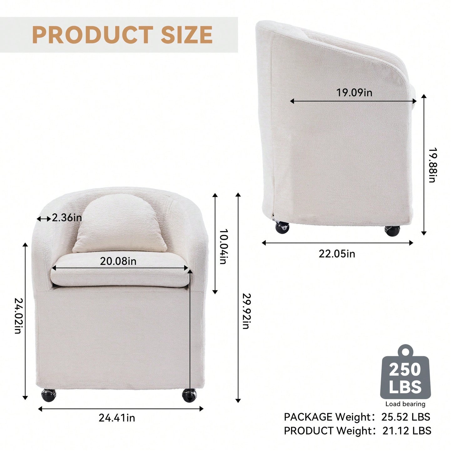 Chenille Fabric Dining Armchair With Back Cushion And Universal Wheels In Beige