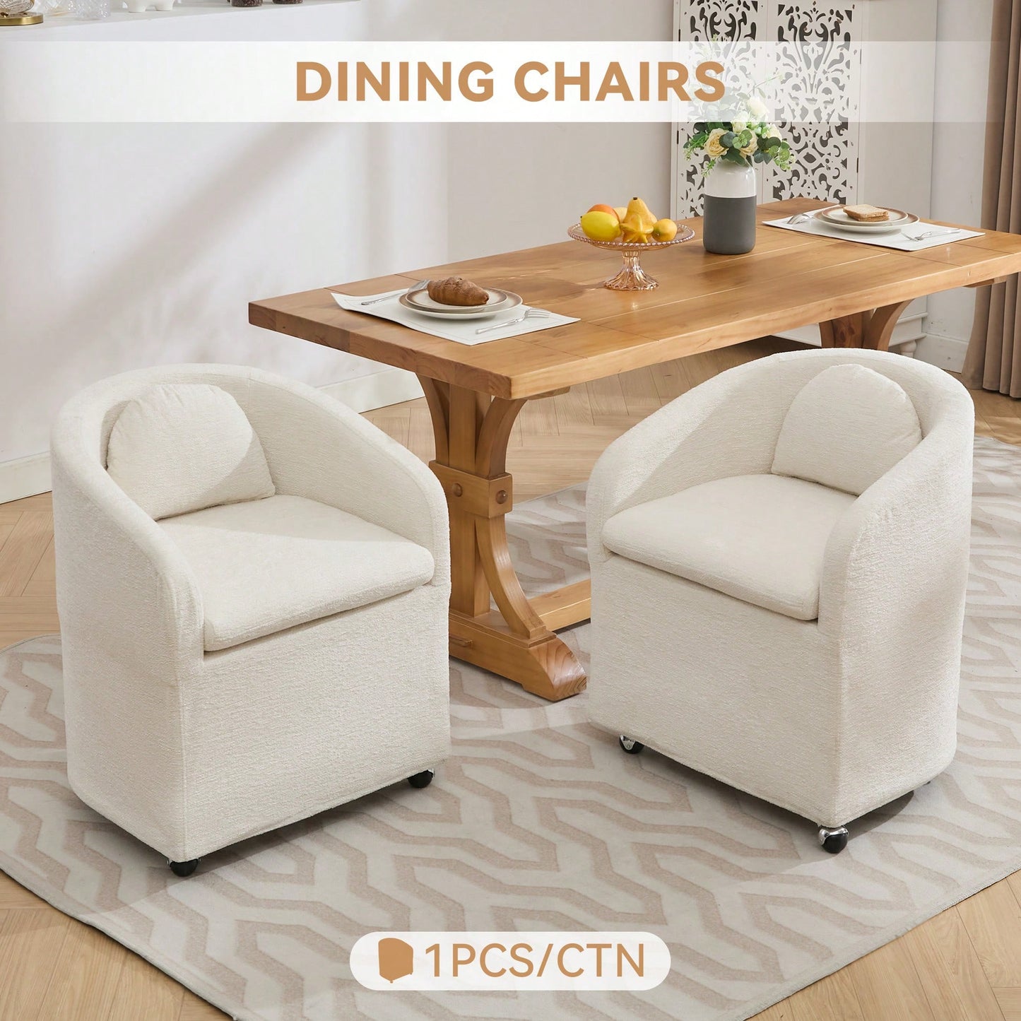 Chenille Fabric Dining Armchair With Back Cushion And Universal Wheels In Beige